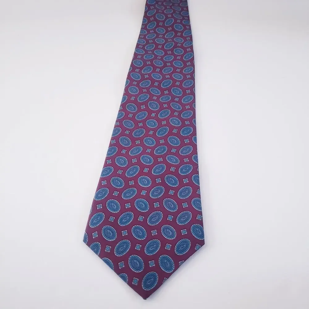 Italian Brand Silk Vintage Hand Made Burgundy with Blue Geometric design #9R
